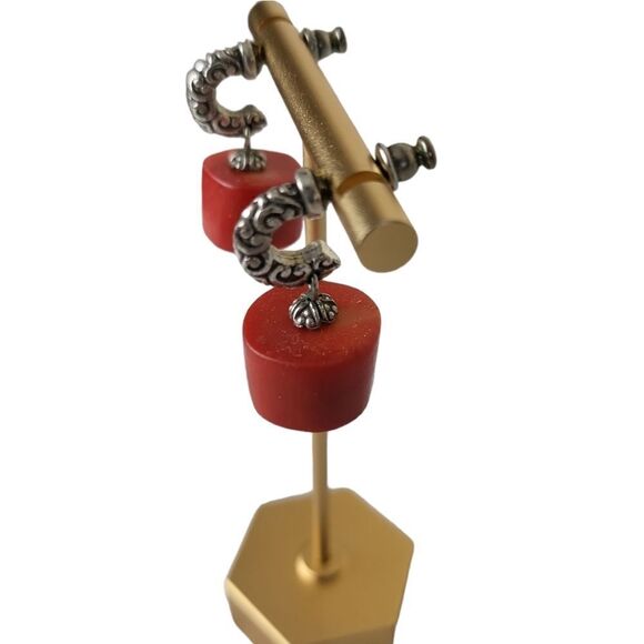 𝅺VINTAGE Art Deco Silver Scrolled Half Hoop & Red Bead Earrings - Picture 3 of 4